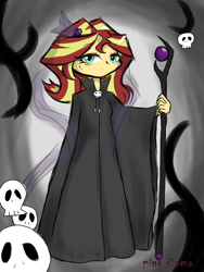 Size: 1080x1440 | Tagged: safe, artist:pink flame, imported from derpibooru, sunset shimmer, equestria girls, cloak, clothes, skull, staff