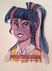 Size: 795x1080 | Tagged: safe, artist:ariamidnighters, artist:midnighters_forever, imported from derpibooru, sci-twi, twilight sparkle, equestria girls, bust, clothes, missing accessory, plaid, shirt, solo, traditional art, vest, watercolor painting