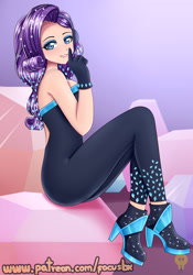Size: 1400x2000 | Tagged: safe, artist:focusb, imported from derpibooru, rarity, human, equestria girls, the other side, bare shoulders, female, grin, human coloration, humanized, lipstick, looking at you, sitting, sleeveless, smiling, smiling at you, solo, strapless, unitard