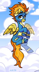 Size: 584x1080 | Tagged: safe, artist:ariamidnighters, artist:midnighters_forever, imported from derpibooru, spitfire, pegasus, pony, clothes, cloud, flying, goggles, sky background, solo, uniform, wonderbolts uniform