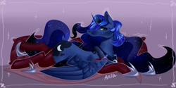 Size: 1280x638 | Tagged: safe, artist:ariamidnighters, artist:midnighters_forever, imported from derpibooru, princess luna, alicorn, pony, clothes, commission, commissioner:shaddar, lying down, pillow, prone, socks, solo