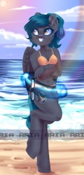 Size: 519x1080 | Tagged: safe, artist:ariamidnighters, artist:midnighters_forever, imported from derpibooru, oc, oc only, anthro, pegasus, unguligrade anthro, beach, bikini, breasts, clothes, cloud, crossed arms, female, glasses, grin, heart eyes, inner tube, oc name needed, oc needed, sand, sexy, sky, smiling, solo, sun, swimsuit, water, watermark, wingding eyes