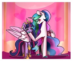 Size: 600x500 | Tagged: safe, artist:ariamidnighters, artist:midnighters_forever, imported from derpibooru, princess celestia, twilight sparkle, alicorn, pony, accessory swap, blushing, crown, eye contact, female, heart, hoof on chin, hoof shoes, hug, jewelry, lesbian, looking at each other, mare, one hoof raised, raised hoof, regalia, shipping, twilestia, twilight sparkle (alicorn), winghug, wings