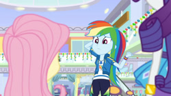 Size: 3410x1920 | Tagged: safe, imported from derpibooru, screencap, fluttershy, rainbow dash, rarity, equestria girls, equestria girls series, holidays unwrapped, spoiler:eqg series (season 2), bracelet, clothes, cutie mark, cutie mark on clothes, dashing through the mall, female, geode of super speed, hoodie, jewelry, magical geodes, necklace, rarity peplum dress, trio, trio female