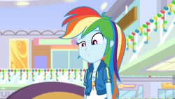 Size: 3410x1920 | Tagged: safe, imported from derpibooru, screencap, rainbow dash, equestria girls, equestria girls series, holidays unwrapped, spoiler:eqg series (season 2), animation error, clothes, cutie mark, cutie mark on clothes, dashing through the mall, female, hoodie, missing accessory, solo