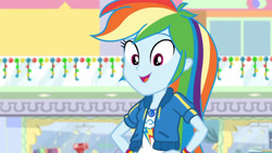 Size: 3410x1920 | Tagged: safe, imported from derpibooru, screencap, rainbow dash, equestria girls, equestria girls series, holidays unwrapped, spoiler:eqg series (season 2), clothes, cute, cutie mark, cutie mark on clothes, dashabetes, dashing through the mall, female, geode of super speed, hoodie, jewelry, magical geodes, necklace, open mouth, smiling, solo