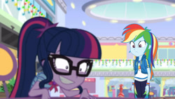 Size: 3410x1920 | Tagged: safe, imported from derpibooru, screencap, rainbow dash, sci-twi, twilight sparkle, equestria girls, equestria girls series, holidays unwrapped, spoiler:eqg series (season 2), bowtie, clothes, cutie mark, cutie mark on clothes, dashing through the mall, duo, duo female, female, geode of super speed, geode of telekinesis, glasses, grin, hoodie, magical geodes, ponytail, shrunken pupils, smiling, twilight snapple, twilighting