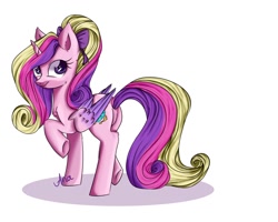 Size: 1280x1024 | Tagged: safe, artist:ariamidnighters, artist:midnighters_forever, imported from derpibooru, princess cadance, alicorn, pony, bow, hair bow, looking back, one hoof raised, raised hoof, simple background, solo, teen princess cadance, white background