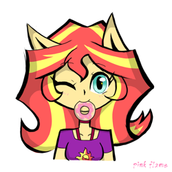 Size: 1080x1080 | Tagged: safe, artist:pink flame, imported from derpibooru, sunset shimmer, equestria girls, donut, food, looking at you, mouth hold, one eye closed, ponied up, wink