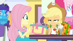 Size: 3410x1920 | Tagged: safe, imported from derpibooru, screencap, applejack, fluttershy, pinkie pie, rarity, equestria girls, equestria girls series, holidays unwrapped, spoiler:eqg series (season 2), applejack is best facemaker, applejack's hat, clothes, cowboy hat, cutie mark, cutie mark on clothes, dashing through the mall, denim skirt, duo, duo female, duo focus, female, geode of fauna, geode of sugar bombs, gift box, hat, jewelry, magical geodes, milkshake, necklace, offscreen character, present, rarity peplum dress, skirt, smiling, smugjack, tanktop
