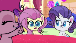 Size: 1920x1080 | Tagged: safe, imported from derpibooru, screencap, fluttershy, pinkie pie, rarity, earth pony, pegasus, pony, unicorn, my little pony: pony life, spoiler:pony life s02e04, animated, cotton candy-colored glasses, cute, female, g4.5, mare, pony life, shyabetes, sound, webm