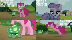 Size: 1280x720 | Tagged: safe, edit, edited screencap, editor:quoterific, imported from derpibooru, screencap, maud pie, pinkie pie, tank, earth pony, pony, tortoise, rock solid friendship, season 7, eyes closed, female, male, mare, stallion