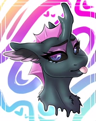 Size: 1631x2048 | Tagged: safe, artist:holomouse, imported from derpibooru, oc, oc only, pony, black sclera, bust, chest fluff, dorsal fin, ear fluff, lidded eyes, purple changeling, raspberry, smiling, solo, tongue out