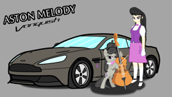 Size: 3840x2160 | Tagged: safe, artist:forzaveteranenigma, imported from derpibooru, octavia melody, human, pony, fanfic:equestria motorsports, aston martin, aston martin vanquish, bow (instrument), car, cello, cello bow, clothes, dress, flats, high res, human coloration, humanized, musical instrument, shoes, simple background, supercar