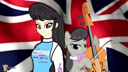 Size: 3840x2160 | Tagged: safe, artist:forzaveteranenigma, imported from derpibooru, octavia melody, human, pony, fanfic:equestria motorsports, equestria girls, bow (instrument), cello, cello bow, england, great britain, high res, humanized, musical instrument, racing suit, union jack