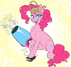 Size: 1940x1823 | Tagged: safe, artist:holomouse, imported from derpibooru, pinkie pie, earth pony, pony, basket, chest fluff, confetti, easter, easter basket, easter egg, hat, holiday, looking at you, open mouth, party cannon, smiling