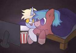 Size: 3095x2160 | Tagged: safe, artist:silverstararts, imported from derpibooru, oc, oc only, oc:blitz razorwind, oc:nootaz, pegasus, pony, unicorn, blanket, food, high res, popcorn, smiling, television, tongue out