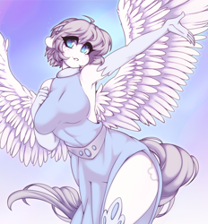 Size: 1280x1377 | Tagged: safe, artist:tolsticot, imported from derpibooru, oc, oc only, oc:silver lining(q), anthro, armpits, big breasts, breasts, clothes, dress, evening gloves, female, gloves, long gloves, side slit, solo, solo female, spread wings, wings