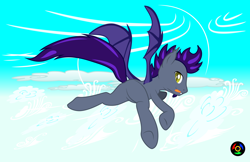 Size: 5100x3300 | Tagged: safe, artist:kyoshyu, imported from derpibooru, oc, oc only, oc:budworm instar, bat pony, pony, butt, cloud, flying, male, plot, solo, stallion, tongue out