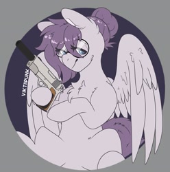 Size: 2029x2048 | Tagged: safe, artist:viktiipunk, imported from derpibooru, oc, oc only, oc:vylet, pegasus, pony, chest fluff, glasses, gray background, gun, high res, lidded eyes, looking at you, m1911, simple background, smiling, spread wings, suppressor, weapon, wings