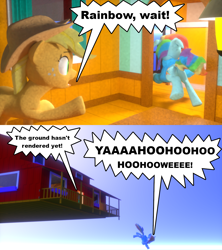 Size: 1280x1440 | Tagged: safe, artist:edward256, imported from derpibooru, screencap, applejack, rainbow dash, fanfic:cupcake chronicles, 2 panel comic, 3d, animation error, blender, blender cycles, clothes, comedy, comic, falling, goofy holler, hoodie, humor, not sfm, running, source filmmaker, wingless, wingless rainbow dash, wonderbolt hoodie, yelling