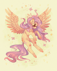 Size: 2400x3000 | Tagged: safe, artist:adishu, imported from derpibooru, angel bunny, fluttershy, butterfly, pegasus, pony, rabbit, abstract background, animal, duo, eyebrows, female, fluffy, high res, looking away, looking down, mare, spread wings, three quarter view, unshorn fetlocks, wings