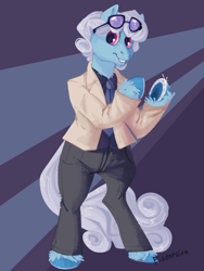 Size: 768x1024 | Tagged: safe, artist:pigeorgien, imported from derpibooru, linky, shoeshine, earth pony, pony, 70s, abstract background, bipedal, clothes, female, glasses, horseshoes, jacket, looking at you, mare, necktie, pants, shirt, smiling, smiling at you, solo, tuxedo, underhoof, unshorn fetlocks