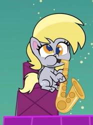 Size: 427x573 | Tagged: safe, imported from derpibooru, screencap, derpy hooves, pegasus, pony, my little pony: pony life, spoiler:pony life s02e03, cropped, cute, derpabetes, g4.5, hoof hold, musical instrument, pony life, puffy cheeks, saxophone, solo, the comet section