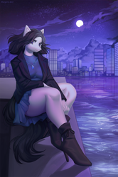 Size: 934x1404 | Tagged: safe, artist:margony, imported from derpibooru, oc, oc only, oc:lodey darkshine, anthro, earth pony, plantigrade anthro, boots, breasts, busty oc, city, clothes, dress, female, full moon, high heels, jewelry, lidded eyes, looking at you, moon, necklace, night, scenery, schrödinger's pantsu, shoes, skirt, skyline, smiling, solo, thighs