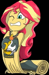 Size: 400x603 | Tagged: artist needed, source needed, safe, imported from derpibooru, sunset shimmer, equestria girls, cartoon physics, fetish, flat fetish, flattened, inanimate tf, one eye closed, shape change, transformation