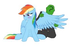 Size: 2111x1406 | Tagged: safe, artist:eels, imported from derpibooru, rainbow dash, oc, oc:anon, human, pegasus, pony, blushing, duo, grooming, preening, simple background, white background