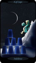 Size: 1500x2591 | Tagged: safe, artist:sixes&sevens, imported from derpibooru, part of a set, zephyr breeze, pegasus, pony, cloud, cloudy, crescent moon, eight of cups, flying away, male, minor arcana, moon, mountain, night, ocean, outdoors, solo, stacking, tarot card