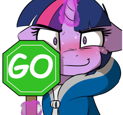 Size: 1222x1138 | Tagged: safe, artist:captainpudgemuffin, edit, imported from derpibooru, twilight sparkle, pony, blushing, clothes, female, floppy ears, hoodie, levitation, looking at you, magic, mare, octagon, sans (undertale), simple background, smiling, solo, sweat, telekinesis, undertale, white background, wide eyes