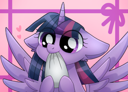 Size: 1449x1047 | Tagged: safe, artist:namaenonaipony, imported from derpibooru, twilight sparkle, alicorn, pony, cute, ear fluff, eating, female, floppy ears, heart, hoof hold, mare, mochi, nom, pillow, smiling, solo, sparkles, sparkly eyes, spread wings, starry eyes, twiabetes, twilight sparkle (alicorn), wingding eyes, wings