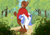 Size: 3508x2480 | Tagged: safe, artist:wbp, imported from derpibooru, oc, oc:snow pup, bear, pegasus, pony, ball, berry bush, bush, carrying, clothes, dirt path, dirt road, female, forest, frisbee, furry, furry oc, high res, holding a pony, hoodie, looking at something, looking at you, mare, one eye closed, simple background, sports, spread wings, tennis, tennis ball, wings, wink, wristband