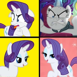 Size: 1300x1300 | Tagged: safe, edit, edited screencap, imported from derpibooru, screencap, rarity, pony, unicorn, friendship is magic, it isn't the mane thing about you, season 1, season 5, season 7, the cutie map, angry, angry rarity, eww, ewww!!!, hotline bling, lidded eyes, meme, rage, rage face, rarirage, rarisnap