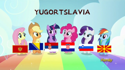 Size: 1280x716 | Tagged: safe, edit, edited screencap, imported from derpibooru, screencap, applejack, fluttershy, pinkie pie, rainbow dash, rarity, twilight sparkle, alicorn, best friends until the end of time, bosnia and herzegovina, croatia, eqg flag-tag meme, flag, macedonia, mane six, montenegro, north macedonia, ponies as regions, serbia, slovenia, twilight sparkle (alicorn), yugoslavia