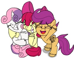 Size: 627x499 | Tagged: artist needed, safe, imported from derpibooru, apple bloom, scootaloo, sweetie belle, earth pony, pegasus, pony, unicorn, bow, cutie mark crusaders, hug, smiling