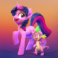 Size: 1310x1296 | Tagged: safe, artist:lemurfeature, imported from derpibooru, spike, twilight sparkle, dragon, pony, unicorn, 3d, 3d model, cheek fluff, cute, duo, fangs, female, fluffy, freckles, gradient background, happy, leg fluff, male, mare, open mouth, size difference, smiling, unicorn twilight, waving, zbrush