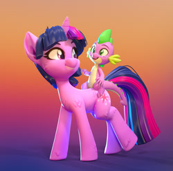 Size: 1310x1296 | Tagged: safe, artist:lemurfeature, imported from derpibooru, spike, twilight sparkle, dragon, pony, unicorn, 3d, cute, duo, fangs, female, fluffy, freckles, gradient background, looking at each other, looking back, male, mare, open mouth, sitting, smiling, unicorn twilight, zbrush