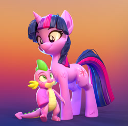 Size: 1310x1296 | Tagged: safe, artist:lemurfeature, imported from derpibooru, spike, twilight sparkle, dragon, pony, unicorn, 3d, cute, duo, female, fluffy, freckles, gradient background, hug, looking at each other, looking down, looking up, male, mare, raised hoof, smiling, underhoof, unicorn twilight, zbrush