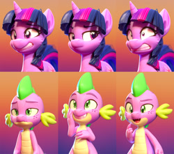 Size: 1577x1391 | Tagged: safe, artist:lemurfeature, imported from derpibooru, spike, twilight sparkle, dragon, pony, unicorn, 3d, duo, expressions, fangs, female, fluffy, freckles, gradient background, grin, male, mare, nervous, nervous grin, open mouth, raised eyebrow, shrunken pupils, smiling, unamused, unicorn twilight, zbrush
