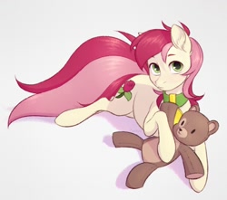 Size: 2256x1997 | Tagged: safe, artist:barlerd, imported from derpibooru, roseluck, pony, collar, commission, commissioner:doom9454, cute, female, lying down, mare, pet tag, pony pet, rosepet, solo, teddy bear