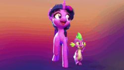 Size: 1280x720 | Tagged: safe, artist:lemurfeature, imported from derpibooru, spike, twilight sparkle, dragon, pony, unicorn, 3d, animated, cute, duo, eye contact, fangs, female, fluffy, freckles, gradient background, hug, looking at each other, looking back, looking down, looking up, male, mare, no sound, open mouth, open smile, raised hoof, raised leg, riding, riding a pony, rotating, smiling, smiling at each other, spikabetes, turnaround, twiabetes, underhoof, unicorn twilight, waving, wavy mouth, webm, zbrush