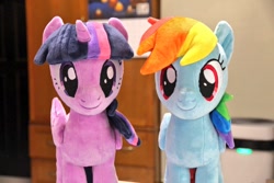 Size: 1024x682 | Tagged: safe, artist:nekokevin, imported from derpibooru, rainbow dash, twilight sparkle, alicorn, pegasus, pony, calendar, duo, female, irl, looking at you, mare, photo, plushie, smiling, twilight sparkle (alicorn)