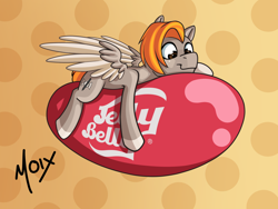 Size: 2000x1500 | Tagged: safe, artist:supermoix, imported from derpibooru, oc, oc only, oc:carmel, pegasus, pony, candy, food, happy, jellybean, orange hair, simple background, solo