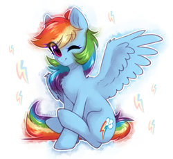 Size: 1804x1656 | Tagged: safe, artist:avrameow, imported from derpibooru, rainbow dash, pegasus, pony, chest fluff, cute, dashabetes, eye clipping through hair, female, looking at you, mare, one eye closed, sitting, smiling, smiling at you, solo, wink