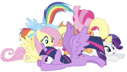 Size: 1280x729 | Tagged: safe, artist:benpictures1, edit, edited screencap, imported from derpibooru, screencap, applejack, fluttershy, pinkie pie, rainbow dash, rarity, twilight sparkle, alicorn, earth pony, pegasus, pony, unicorn, power ponies (episode), applejack's hat, background removed, cowboy hat, cute, female, hat, mane six, pony pile, simple background, transparent background, twiabetes, twilight sparkle (alicorn)