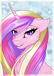 Size: 1024x1449 | Tagged: safe, artist:nuumia, imported from derpibooru, princess cadance, alicorn, pony, bust, cheek fluff, chest fluff, ear fluff, female, looking at you, mare, open mouth, portrait, signature, solo
