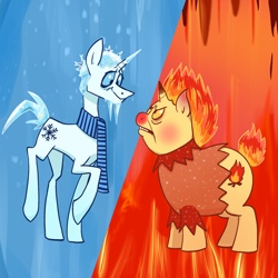 Size: 2048x2048 | Tagged: safe, artist:pfeffaroo, imported from derpibooru, pony, unicorn, angry, clothes, duo, fire, heat miser, high res, ice, icicle, ponified, scarf, shirt, snow miser, the year without a santa claus